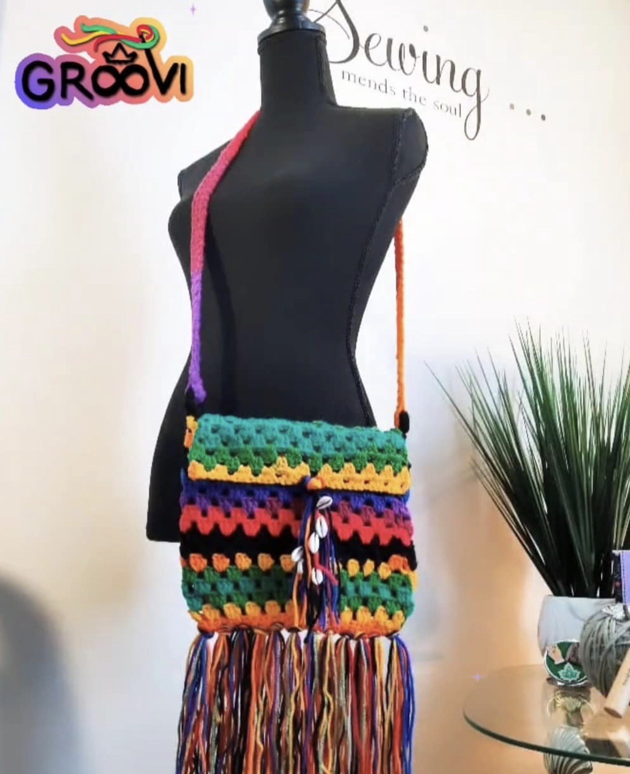 Colorful fringed shoulder bag, handmade crochet work by Ambassador Creations